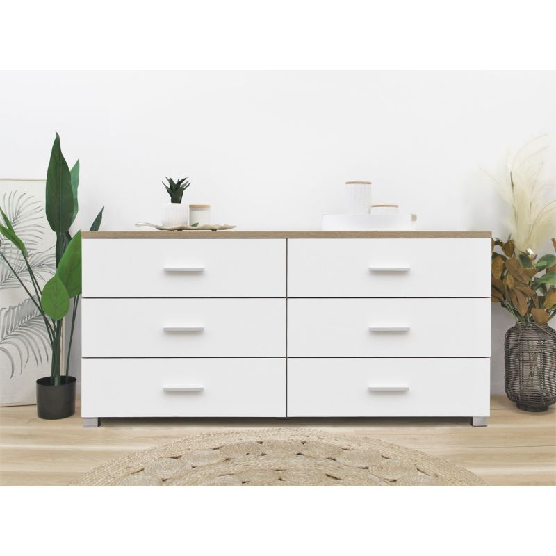 BRAM Low boy 6 Drawer Chest Dresser - OAK + WHITE